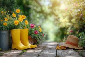 Bright yellow rubber boots and straw hat in a vibrant garden path filled with colorful flowers photo