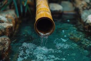 Water flows from a bamboo spout into a serene pond surrounded by lush greenery photo