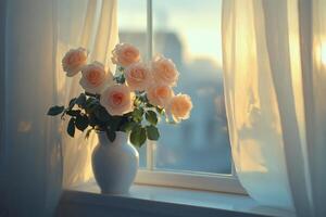 A pastel bouquet of roses in a white vase by a sunlit window on a serene morning photo
