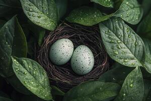 Two speckled eggs resting in a small nest amidst lush green foliage during daylight hours photo