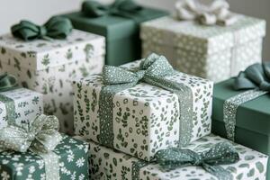 Elegant wrapped gifts arranged on display for festive occasions in a cozy store setting photo