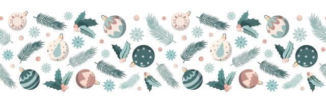 Christmas holiday baubles and fir branches horizontal border pattern. Illustration for Christmas and New Year. Isolated on white background vector