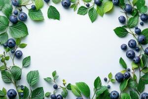 Fresh blueberries and green leaves arranged in a circular pattern on a light background photo