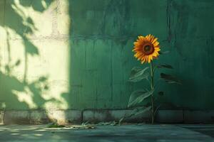 A vibrant sunflower growing against a textured green wall under sunny daylight photo