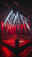 A dimly lit wrestling ring ready for action with vibrant spotlights illuminating the space photo
