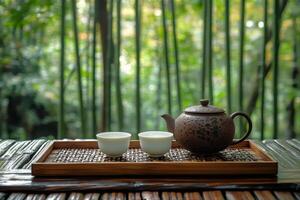 Tranquil tea setup with teapot and cups surrounded by lush greenery in a peaceful setting photo