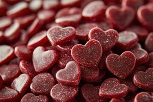 Red heart shaped candies scattered on a surface create a festive atmosphere for celebrations photo