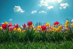 Colorful tulip and daffodil garden blooming under a bright blue sky during springtime photo