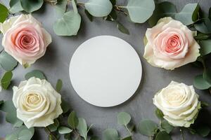 Elegant floral arrangement with pastel roses and a blank circular frame on a textured surface photo