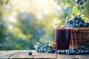 Refreshing blueberry juice next to a basket of blueberries in a sunlit garden photo
