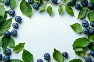 Fresh blueberries and green leaves arranged in a circular pattern on a light background photo