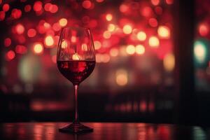 A glass of red wine stands elegantly against a backdrop of glowing red lights photo