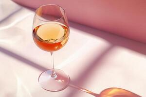 A glass of amber wine on a soft pink background with warm sunlight creating elegant shadows photo