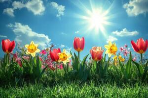Colorful tulip and daffodil garden blooming under a bright blue sky during springtime photo