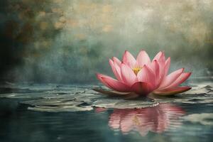 A serene pink lotus flower blossoms on tranquil water in a misty landscape during early morning photo