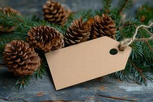 Natural pinecones and a blank gift tag on evergreen branches for holiday decorating ideas photo