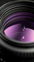 Close up view of a camera lens revealing intricate details and reflections in vibrant colors photo