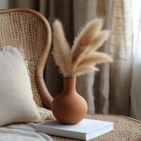 A cozy corner featuring a clay vase with pampas grass on a white book in a softly lit room photo