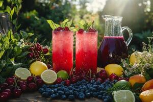 Refreshing fruit punch in a pitcher served outdoors with fresh ingredients at sunset photo
