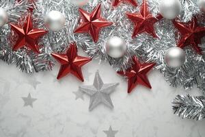 Festive red stars and ornaments decorated for a joyful holiday celebration indoors photo
