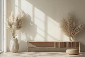 Elegant minimalist interior with natural decor and soft light in a serene setting photo