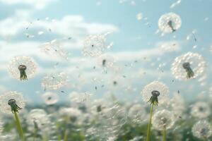 Wispy dandelion seeds drifting across a clear blue sky on a sunny day photo