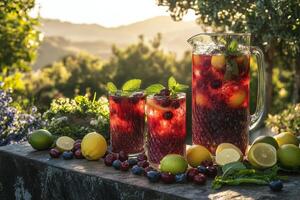Refreshing fruit punch in a pitcher served outdoors with fresh ingredients at sunset photo