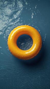Bright yellow swimming ring floating on clear blue water in a sunny pool setting photo
