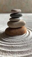 Stacked stones on rippled sand create a calm and balanced landscape in a tranquil setting photo