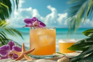 Refreshing tropical cocktail garnished with orchids on a sandy beach during a sunny day photo