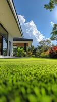 Lush green garden with well manicured grass beside a modern house on a sunny day photo