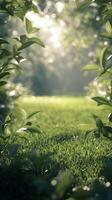 Sunlight filters through leaves, illuminating vibrant green shoots in a spring garden photo