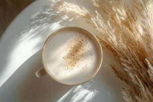 A cozy cup of cappuccino placed on a soft surface with dried grass in early morning light photo