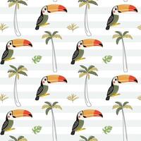 Seamless pattern with cute toucan and palm trees. Childish jungle background. Tropical wallpaper. vector