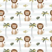 Seamless pattern with cute lion and palm trees. Childish jungle background. Tropical wallpaper. vector