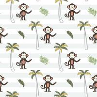 Seamless pattern with cute monkey and palm trees. Childish jungle background. Tropical wallpaper. vector