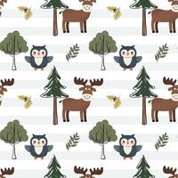 Cute seamless pattern with elk, owl and pine. Forest wildlife backgrounds. Woodland patterns vector