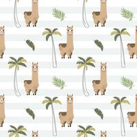 Seamless pattern with cute llama and palm trees. Alpaca. Childish jungle background. Tropical wallpaper. vector