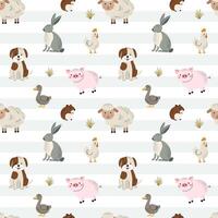 Cute farm animals pattern. Dog, pig, sheep, birds, rabbit. Seamless pattern with domestic animals. vector