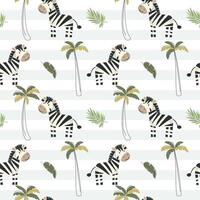 Seamless pattern with cute zebra and palm trees. Childish jungle background. Tropical wallpaper. vector