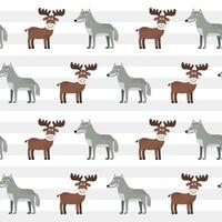Cute animals pattern. Seamless pattern with wolf and elk. Wildlife backgrounds. vector