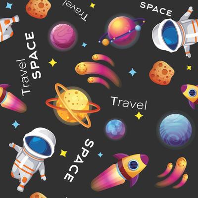Seamless pattern with cartoon space rockets, planets and stars