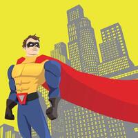 Super hero in a red cloak against the background of the city. Comics. Background. vector