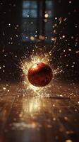 A red ball creating sparks on a wooden floor during a dynamic indoor activity photo