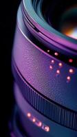 Close up view of a camera lens revealing intricate details and reflections in vibrant colors photo