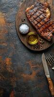 Grilled steak with herbs and spices on wooden cutting board in kitchen setting photo