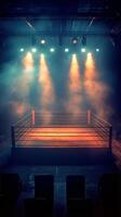 A dimly lit wrestling ring ready for action with vibrant spotlights illuminating the space photo