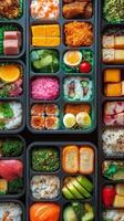 Colorful assortment of sushi rolls and fresh fruits arranged neatly in containers photo
