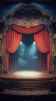 Theatrical stage with red curtains and dramatic lighting in an ornate theater setting photo