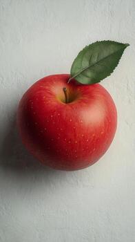 A fresh red apple with a green leaf resting on a white surface in natural light photo